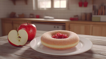 3D Render Sugary Donut and Apple on Wooden Table