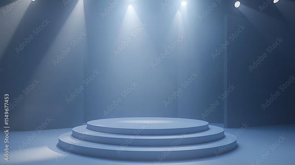 Poster empty stage with spotlight in a well-lit setting for performance or presentation.
