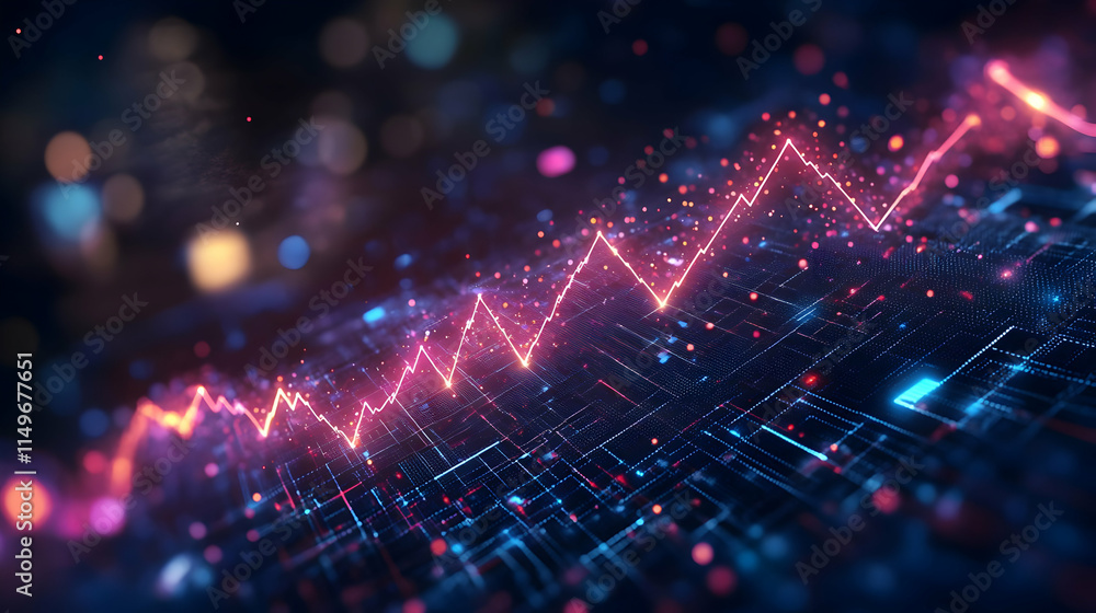 Poster abstract digital visualization of data trends with vibrant colors and dynamic lines.