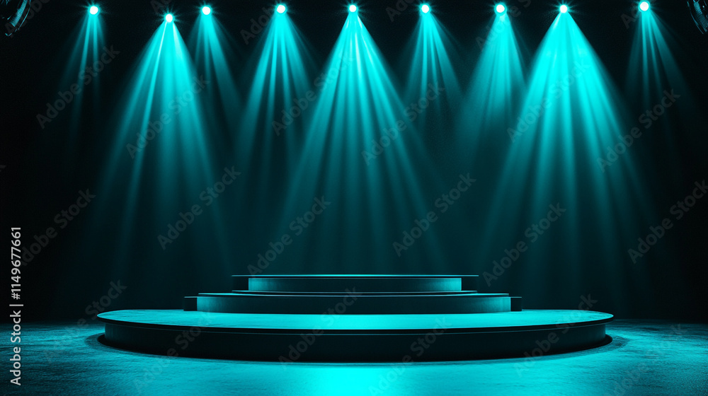 Poster stage with teal lights and circular platforms for performance or event.