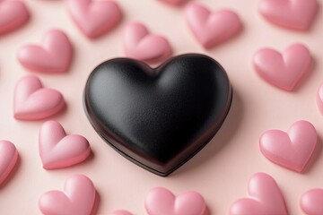 Obraz premium Celebrating love with black heart amidst pink hearts romantic setting photography close-up emotions and sentiments
