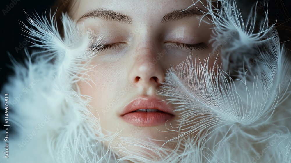 Poster in a calm and peaceful setting, a woman rests with her eyes closed, enveloped by soft white feathers