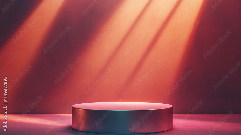 Poster circular stage illuminated by colorful lights in an artistic setting.