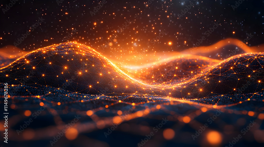 Poster abstract glowing wave pattern with interconnected nodes and particles.