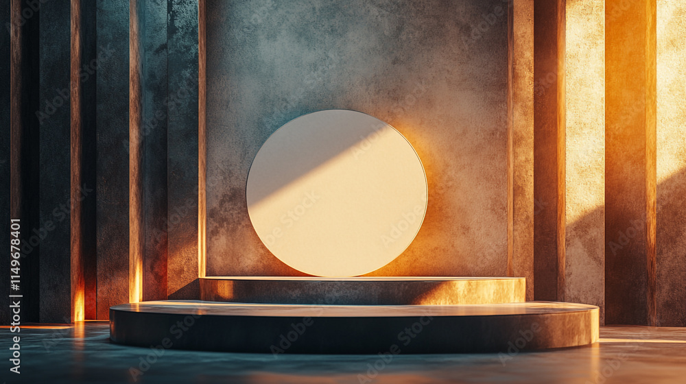 Aufkleber modern minimalist interior with a circular display structure and warm lighting.