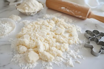 A messy countertop with flour, dough, and cookie cutters, ready for baking.