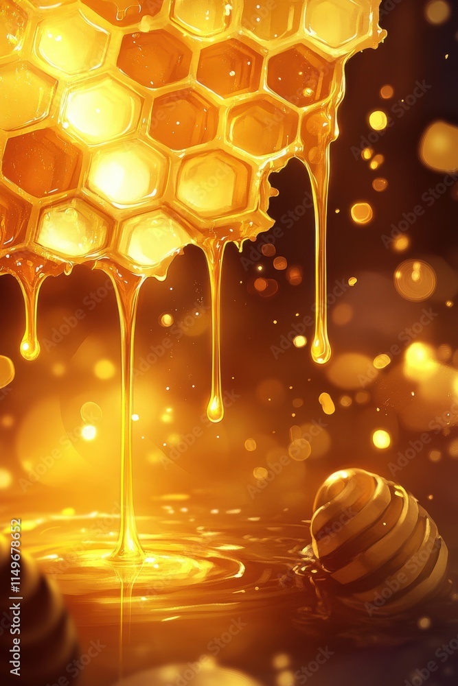 Poster golden honeycomb dripping with honey, creating a warm and inviting atmosphere with shimmering light 