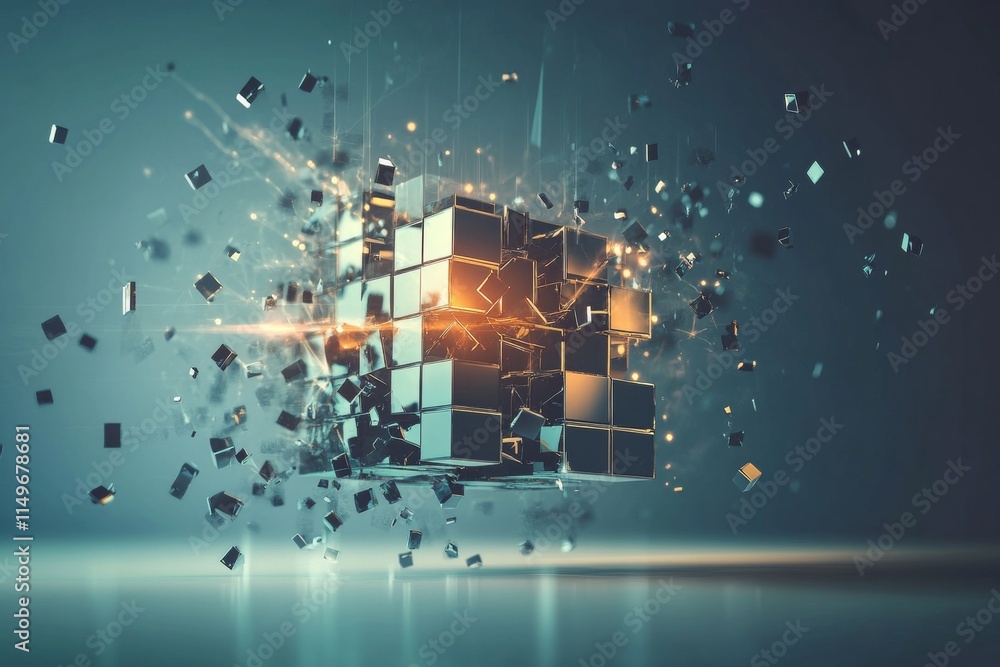 Poster 3d visualization of interconnected blocks forming a cube and fracturing against a digital backdrop
