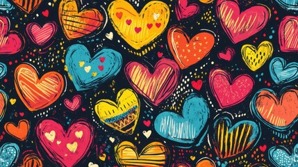 Naklejka premium Colorful Hand-Drawn Hearts on Black Background for Creative Projects