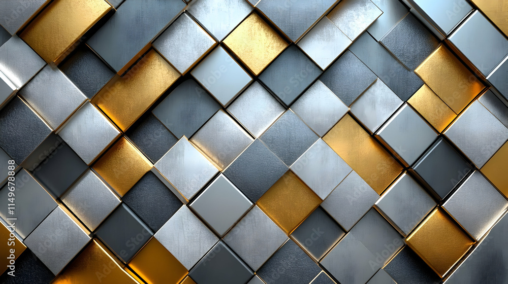Poster a textured pattern of interlocking metallic squares in gold, silver, and gray tones.