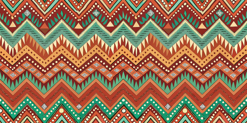 Vibrant geometric tribal pattern in earthy tones with intricate designs.