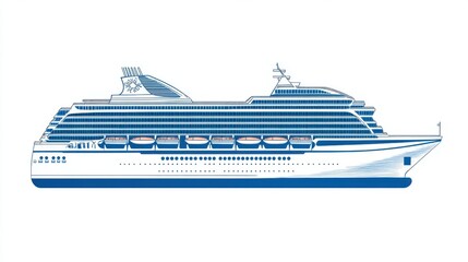 A sleek cruise ship illustrated in a minimalist blue and white design, exuding elegance on the water.