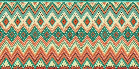 Vibrant geometric pattern in teal, orange, and cream tones, ideal for textiles.