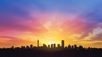 Stunning city skyline silhouette at sunset with vibrant purple, orange, and blue hues lighting up the sky.