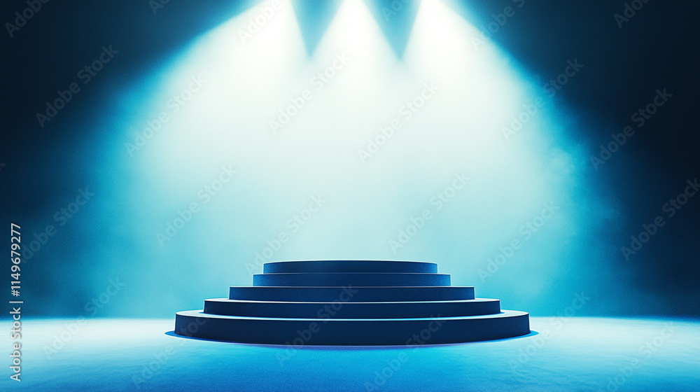 Poster stage illuminated by dramatic lighting in a dark setting for performance.