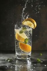 A refreshing beverage with splashes of lemon and mint, captured in dynamic motion against a dark background.