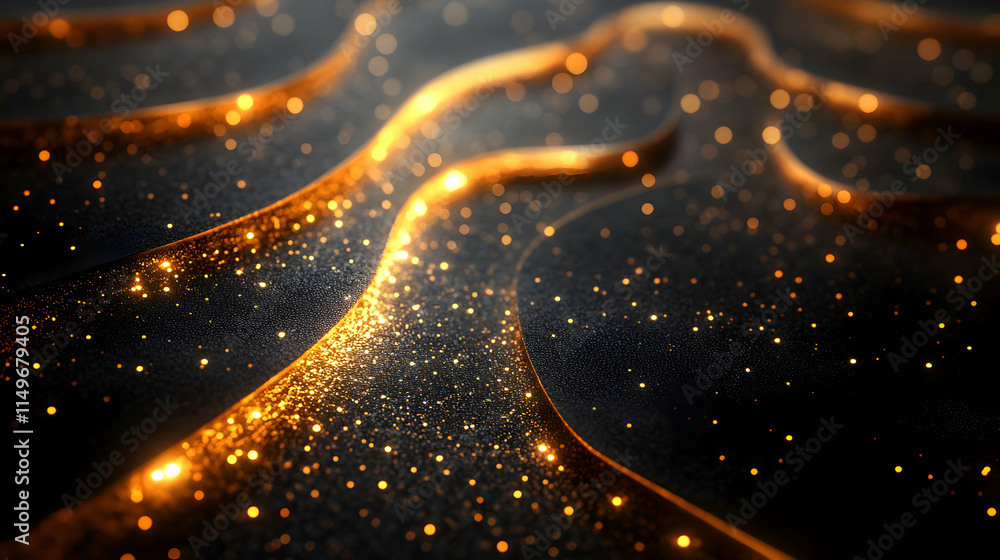 Poster A mesmerizing abstract image featuring shimmering golden waves and sparkling particles.