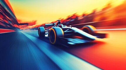 Formula 1 Race Car Speeds Past Pit Lane With Motion Blur and Sunset Glow in a High-Stakes Motorsport Championship Moment
