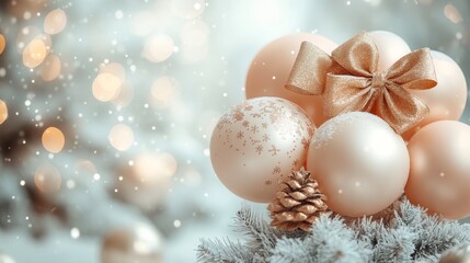 A collection of festive snow and ice balloons in beige, peach, and golden colors with delicate bows, creating a luxurious winter atmosphere perfect for holiday celebrations on a white background.