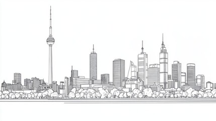 A detailed line drawing of a modern city skyline featuring iconic skyscrapers and landmarks.