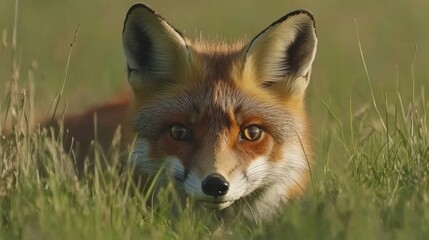 Obraz premium Red fox lying in tall grass, looking directly at camera.