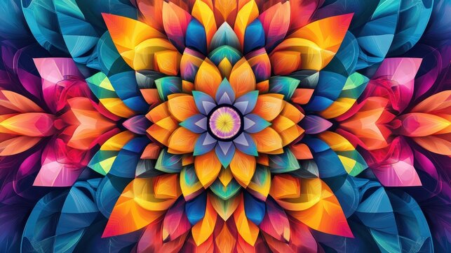 Vibrant colorful symmetrical floral mandala design.
