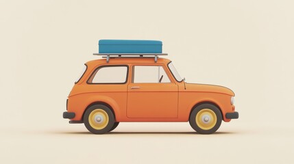 A cheerful orange cartoon car with a blue suitcase on the roof, perfect for adventures and road trips.