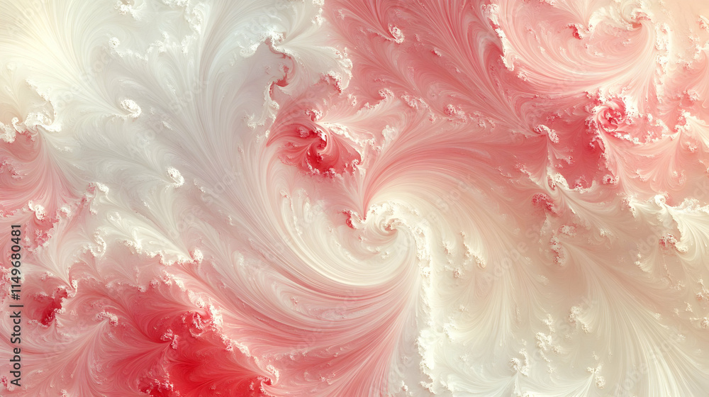 Poster abstract swirling patterns in soft red and white hues, resembling a fractal design.