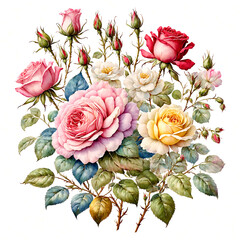 A collection of colorful roses and tiny flowers on a white background - Generative AI