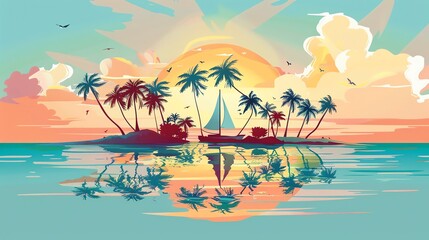 Obraz premium A cartoon tropical sunset scene with palm trees and a sailboat.