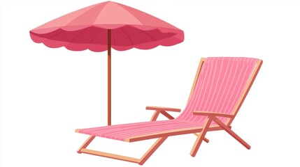 A pink lounge chair with matching umbrella, perfect for relaxing on a sunny day.