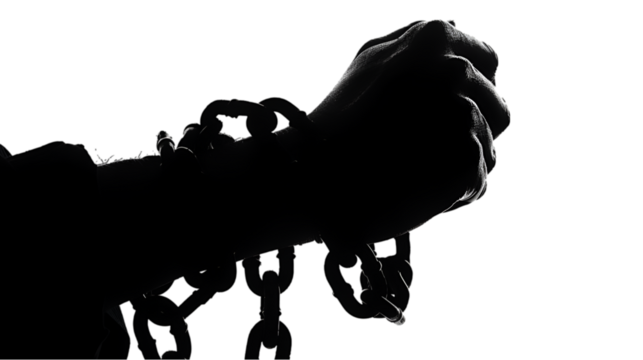 Abuse of power, A pair of hands chained to a chain,  vector silhouette, Juneteenth Day Freedom, International day for the remembrance of the slave trade and its abolition concept, Generative Ai