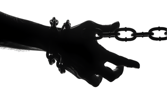 Abuse of power, A pair of hands chained to a chain,  vector silhouette, Juneteenth Day Freedom, International day for the remembrance of the slave trade and its abolition concept, Generative Ai