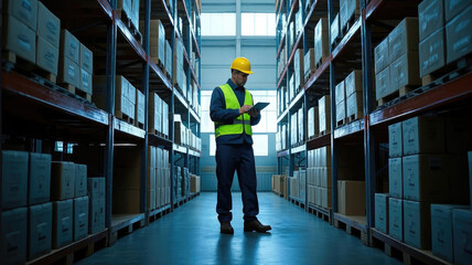 male chief manager working in a warehouse using digital tablet