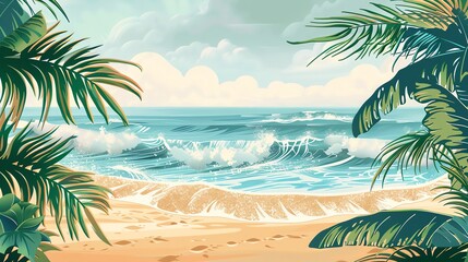 Fototapeta premium A cartoon-style illustration of a tropical beach scene with palm trees.