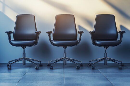 Three black office chairs arranged in a modern workspace setting.
