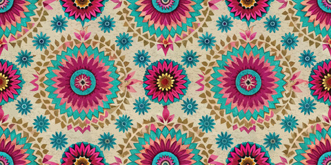 Colorful floral mandala pattern in vibrant pink, turquoise, and gold tones.