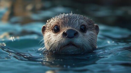 The cute otter swims in the sea, its round big eyes staring straight at the audience with a very cute expression and delicate texture, showcasing the natural beauty and charm of otters