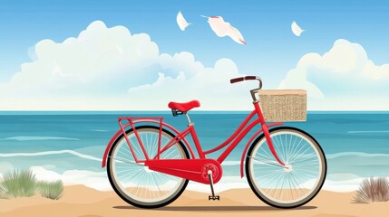 Fototapeta premium A vibrant red bicycle with a wicker basket rests on the sandy beach, framed by the ocean and a sky of fluffy clouds.