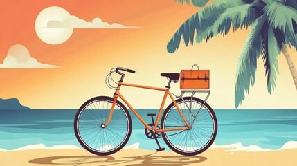 Fototapeta premium A vibrant orange bicycle with a picnic basket rests on the beach, surrounded by palm trees under a sunset sky.