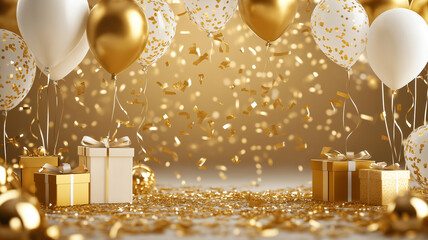 Luxurious Party backdrop with gold and white balloons and gifts