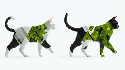 creative image of two cats with green foliage patterns on their bodies, showcasing nature beauty