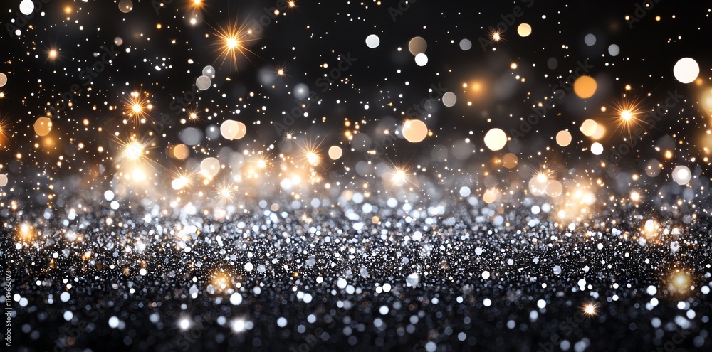 Poster abstract background with glittering lights and bokeh effect on black backdrop.