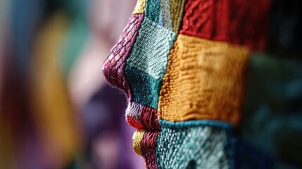 Close-up of a colorful knitted face profile.