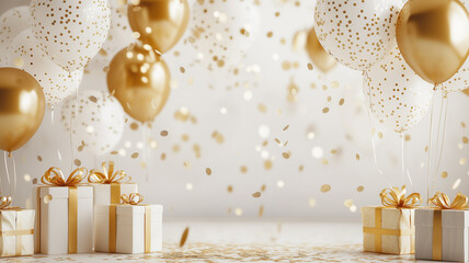 Luxurious Party backdrop with gold and white balloons and gifts