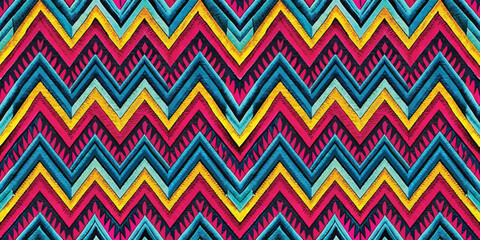Colorful zigzag pattern in bright pink, blue, and yellow hues.