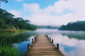 Serene wooden dock by a tranquil lake surrounded by lush greenery and morning fog in scandinavia