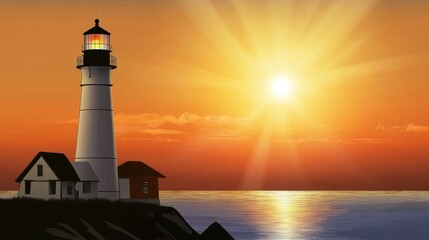 A serene lighthouse silhouetted against a vibrant sunset, casting a warm glow over the calm sea.