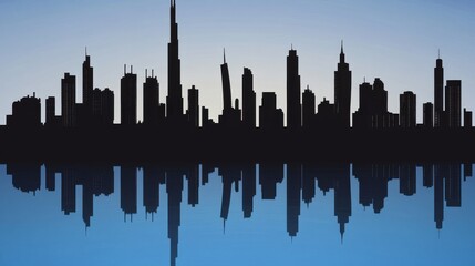 Obraz premium Silhouette of a modern city skyline reflecting on water at dusk, creating a serene and tranquil atmosphere.