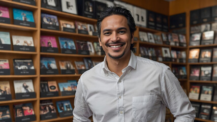 Fototapeta premium Latin American Music Store owner Smiling at the camera
